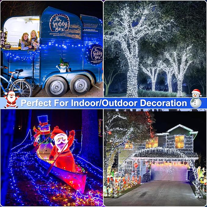 2 Pack Christmas Lights Outdoor, Total 200FT 600 LED Christmas Tree Lights Indoor Waterproof, 8 Modes Plug in String Lights for Outside Patio Garden Xmas Decorations, 1 Pack Blue & 1 Pack White