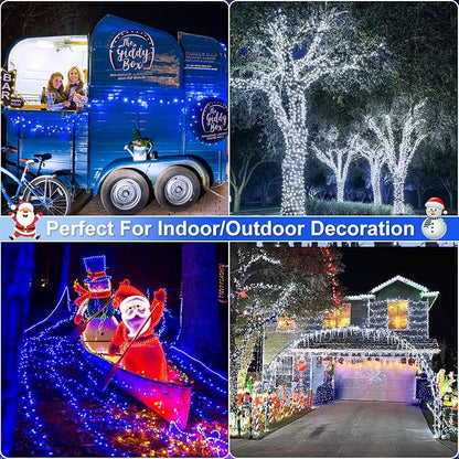 2 Pack Christmas Lights Outdoor, Total 200FT 600 LED Christmas Tree Lights Indoor Waterproof, 8 Modes Plug in String Lights for Outside Patio Garden Xmas Decorations, 1 Pack Blue & 1 Pack White