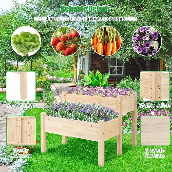 COSTWAY Raised Garden Bed, 2-Tier Wooden Elevated Planter Box Stand with Legs for Vegetables, Flowers Herbs, Outdoor Indoor Garden Bed Kits for Backyard, Patio, Balcony Patio, Natural