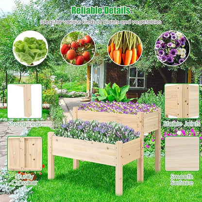 COSTWAY Raised Garden Bed, 2-Tier Wooden Elevated Planter Box Stand with Legs for Vegetables, Flowers Herbs, Outdoor Indoor Garden Bed Kits for Backyard, Patio, Balcony Patio, Natural