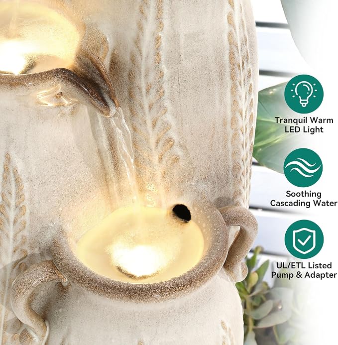 29.5" H Ceramic Outdoor Water Fountain with LED Lights, 3-Tier Vase Cascading Water Feature, Beige Glaze with Embossed Leaf Patterns, Tranquil Waterfall for Garden, Patio, Yard, or Porch