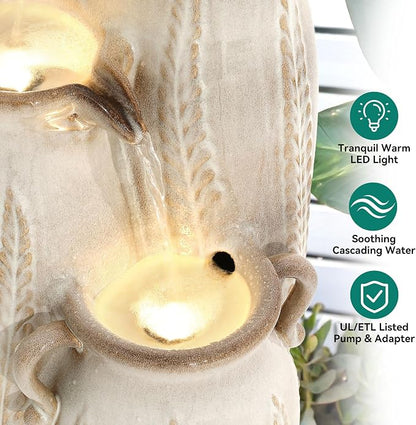 29.5" H Ceramic Outdoor Water Fountain with LED Lights, 3-Tier Vase Cascading Water Feature, Beige Glaze with Embossed Leaf Patterns, Tranquil Waterfall for Garden, Patio, Yard, or Porch