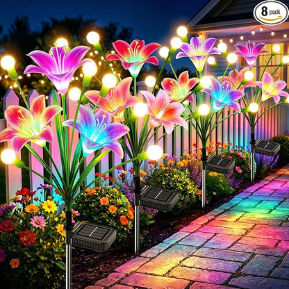 Solar Garden Lights Outdoor Flower Light 8 Pack: 48 Solar Firefly Lights with 24 Head 7-Color Changing Lily, Waterproof Decorative Light for Yard Patio Flower Bed, Gifts for Women