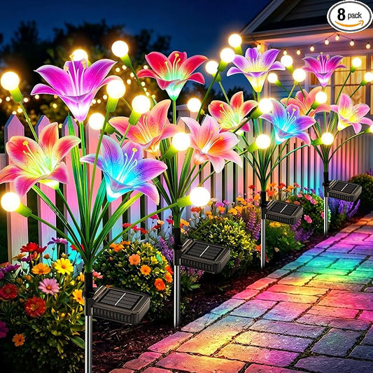 Solar Garden Lights Outdoor Flower Light 8 Pack: 48 Solar Firefly Lights with 24 Head 7-Color Changing Lily, Waterproof Decorative Light for Yard Patio Flower Bed, Gifts for Women