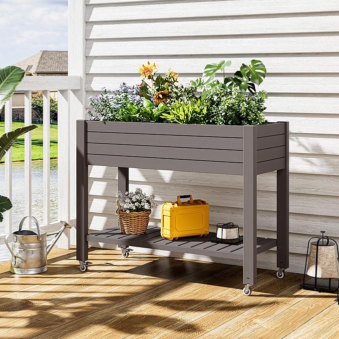 Elevated Raised Garden Bed with Wheels,Medium Gray-33.7" h