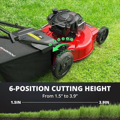 PowerSmart 22” Gas Lawn Mower, 150cc B&S Engine, Self-Propelled, 3-in-1 Mulching System, 6 Cutting Heights, Rear-Wheel Drive, Durable Steel Deck for Yard