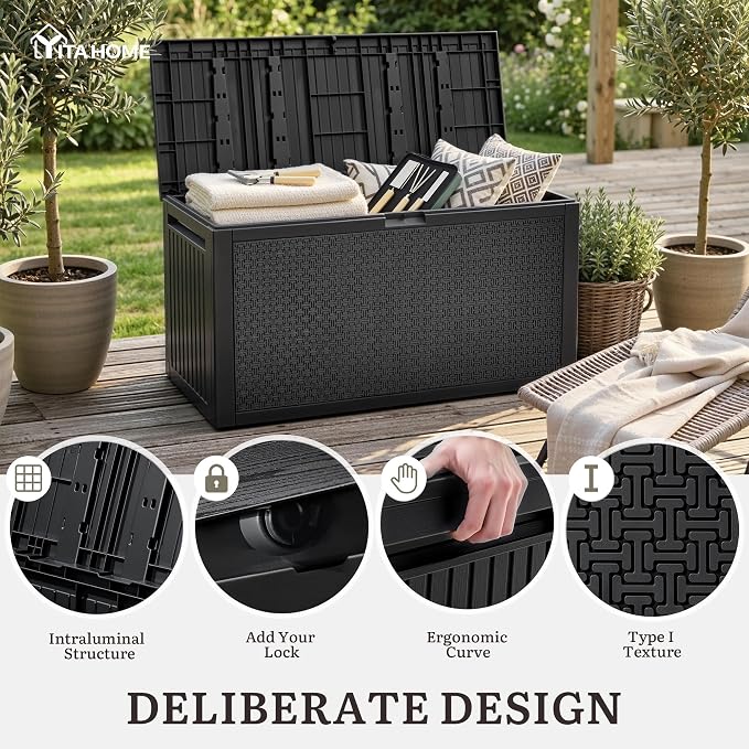 YITAHOME 95 Gallon Outdoor Storage Deck Box | Waterproof Resin Deck Box w/Handles, Lockable Outdside Deck Box for Patio Furniture, Garden Tools, Lockable & UV