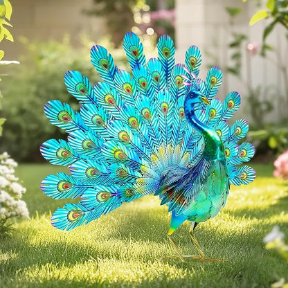 27.5" Metal Peacock Garden Statue with Spread Tail Yard Art | Handmade 3D Textured Peacock Sculpture, Outdoor Metal Yard Art for Patio, Garden, Entryway Decoration.