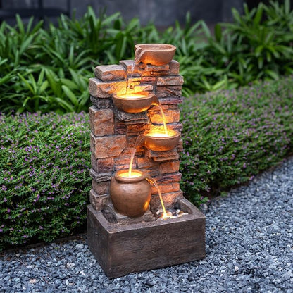 Teamson Home 28.5" Outdoor 4-Tier Stacked Stone Cascading Water Fountain with LED Lights, Brown | Cascading Water, LED Lights
