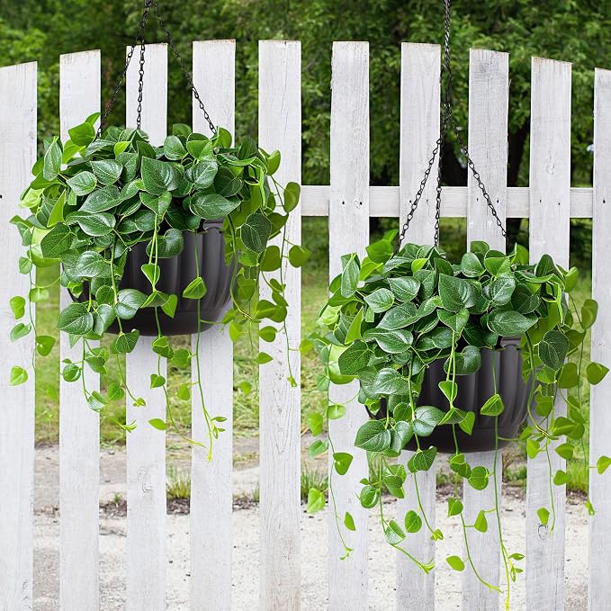 YIKUSH 12 Inch Hanging Planters for Outdoor Plants, 2 Pack Plastic Hanging Flower Pots with Drainage Hole & Tray, Hanging Basket Style Pots for Porch Patio Balcony Decor (Black)