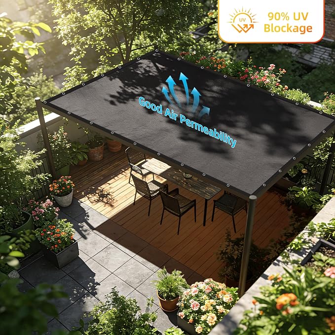 90% Sun Shade Cloth for Patio and Pergola, UV Protection HDPE Shade Net with Reinforced Edges and Grommets, Heat-Resistant Sunshade for Garden, Backyard, Deck, 6X12 FT