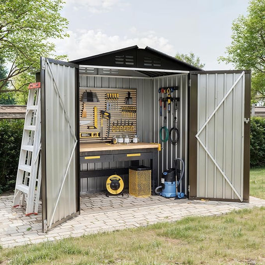 6X4 FT Outdoor Storage Shed, Galvanized Steel Outdoor Storage Shed, 130 Cu Ft Weather Resistant Garden Tool Sheds with Door & Sloped Roof, Multi-Use Shed for Bikes