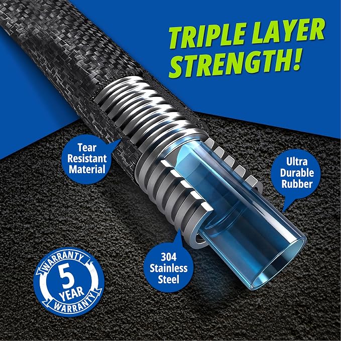 Hydrosteel 50 Ft Heavy Duty Metal Garden Hose with Nozzle | Made from 304 Stainless Steel, Flexible, Lightweight, Crush Resistant Fittings, Kink Free, 5/8” Diameter, 600 PSI Water Flow