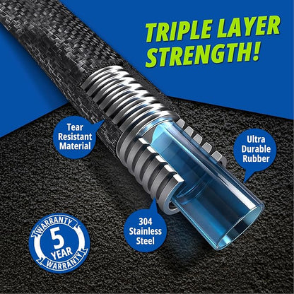Hydrosteel 50 Ft Heavy Duty Metal Garden Hose with Nozzle | Made from 304 Stainless Steel, Flexible, Lightweight, Crush Resistant Fittings, Kink Free, 5/8” Diameter, 600 PSI Water Flow