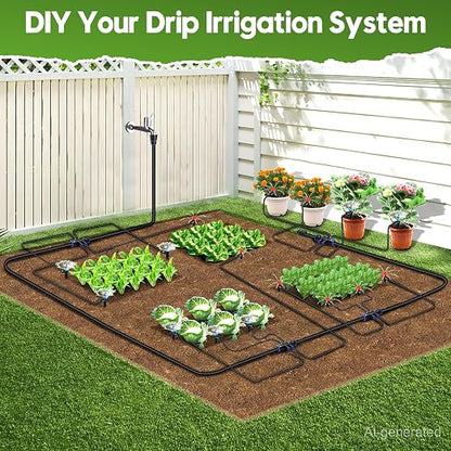 110FT Drip Irrigation System Kit, Automatic Garden Watering System Quick-Connect Adjustable Sprinklers for Raised Garden Beds, Greenhouse, Yard, Lawn, Plant with 1/2" & 1/4" Tubing and Accessories