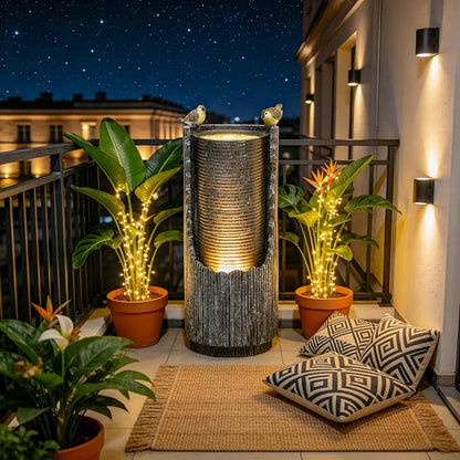 Autodaya Outdoor Water Fountain 32" Distressed Fluted Column with Lights | polyresin concrete-inspired water feature with bird sculpture, gentle cascading flow for garden, patio, deck or yard oasis