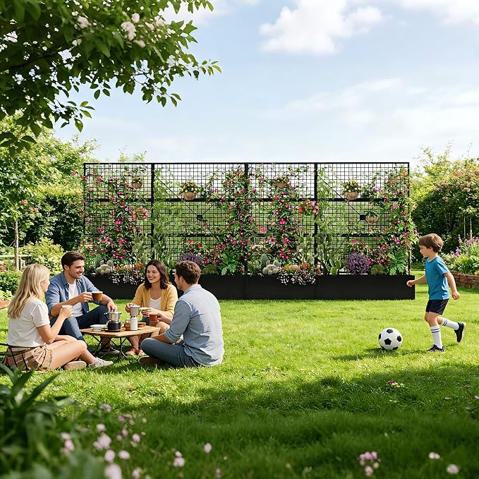 Privacy Planters for Patio – Metal Raised Garden Bed with Trellis and Privacy Screen, 71" x 35" x 16" Planter Box with Drainage Holes for Climbing Plants, Vegetables, and Vines, Outdoor Backyard Black