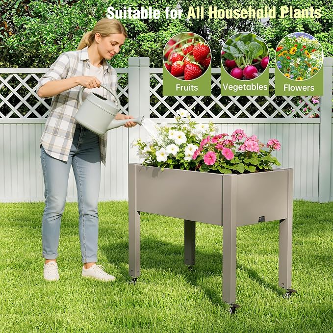 Fancyango Raised Garden Bed with Wheels 26.3" H -Gray | Resin Elevated Garden Planter Box with Drainage, Outdoor Planter Box for Veggies Herbs Patio Balcony Backyard