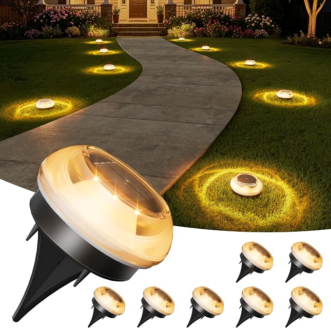VOLISUN Mini Solar Pathway Lights Outdoor,8 Pack Flat Solar Ground Lights,IP67 Waterproof Solar Powered Disc Lights,Landscape Lighting for Garden Yard Walkway Luces Patio Driveway,Warm White