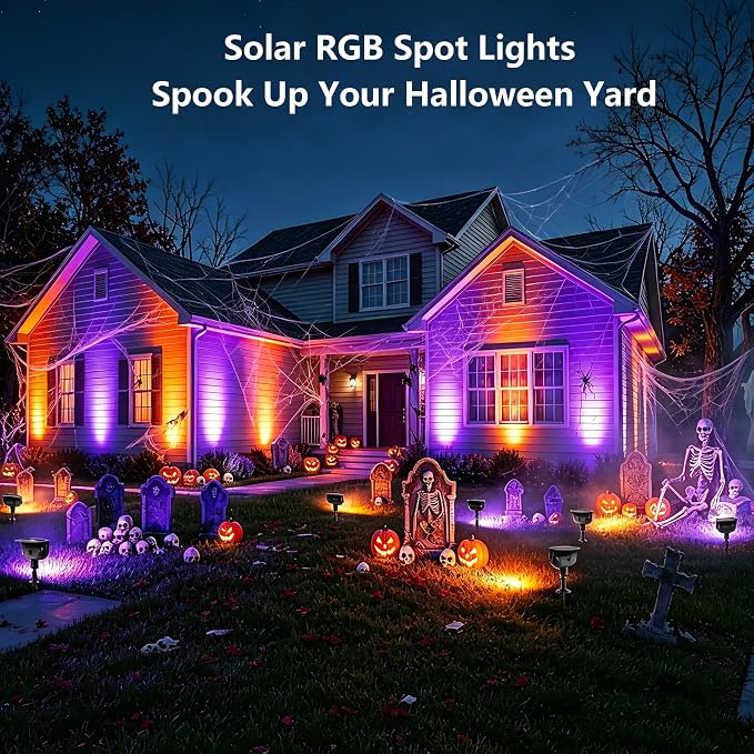Brizled Solar Spot Light Outdoor Color Changing RGB LED Landscape Spotlight | 360° Rotation; 9 Colors & 11 Modes; IP65 Waterproof; Stake or Wall Mounted for Halloween Christmas Yard Tree Garden Pathway