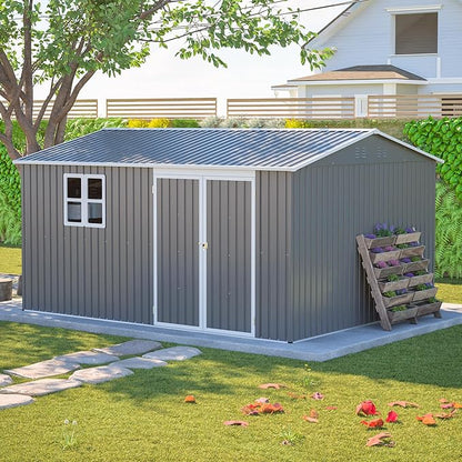 YOPTO 12x10 FT Outdoor Storage Shed, Large Metal Garden Tool Shed with Updated Frame Structure,Lockable Doors and Window,Ideal for Backyard Garden Patio Lawn, Grey