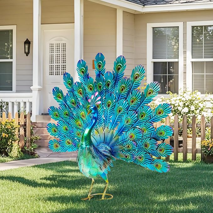 27.5" Metal Peacock Garden Statue with Spread Tail Yard Art | Handmade 3D Textured Peacock Sculpture, Outdoor Metal Yard Art for Patio, Garden, Entryway Decoration.