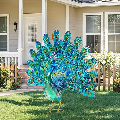27.5" Metal Peacock Garden Statue with Spread Tail Yard Art | Handmade 3D Textured Peacock Sculpture, Outdoor Metal Yard Art for Patio, Garden, Entryway Decoration.