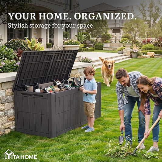 YITAHOME 134 Gallon Large Outdoor Storage Box with Lock | Waterproof Deck Box with Hydraulic Piston for Garden Tools, Pool Accessories & Cushions, Resin Deck Organizer with Bench Seat