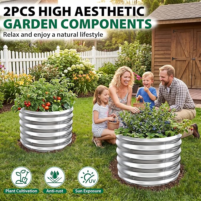 24" Diameter Round Raised Garden Bed - 17 Inch Tall, Heavy-Duty Galvanized Steel Planter Box with Wave-Shaped Panels for Vegetables, Herbs & Flowers (2, Silver, 24 Inch Diameter)