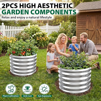 24" Diameter Round Raised Garden Bed - 17 Inch Tall, Heavy-Duty Galvanized Steel Planter Box with Wave-Shaped Panels for Vegetables, Herbs & Flowers (2, Silver, 24 Inch Diameter)