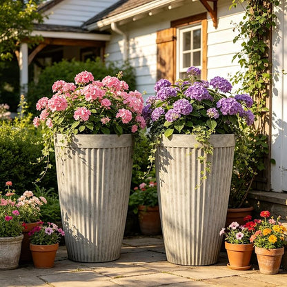 Autodaya 20" Ivory Outdoor Fluted Resin Tall Planters Set of 2 | High-Density Resin Pots with Drainage Holes for Indoor and Outdoor Plants, Patio, Garden, Porch, Living Room, or Gifting