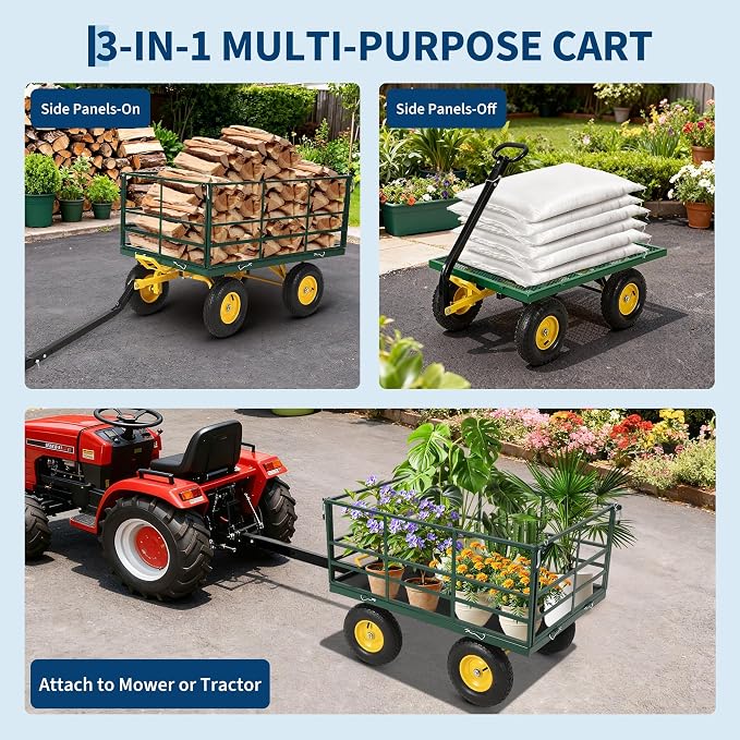 Heavy Duty 1500 Lbs Capacity Mesh Steel Garden Cart Folding Utility Wagon with Removable Sides, Garden Cart on Wheels for Gardening Soil, Tools, and Plant Transport
