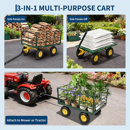 Heavy Duty 1500 Lbs Capacity Mesh Steel Garden Cart Folding Utility Wagon with Removable Sides, Garden Cart on Wheels for Gardening Soil, Tools, and Plant Transport