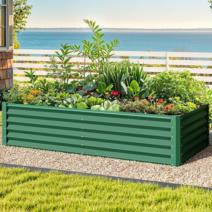 DWVO 6 x 3 x 1.5 FT Raised Garden Bed Kit, Outdoor Galvanized Flower Bed with Gloves, Large Metal Planter Box for Vegetables, Flowers, Herbs, Fruits, Green