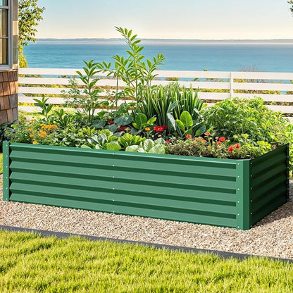 DWVO 6 x 3 x 1.5 FT Raised Garden Bed Kit, Outdoor Galvanized Flower Bed with Gloves, Large Metal Planter Box for Vegetables, Flowers, Herbs, Fruits, Green