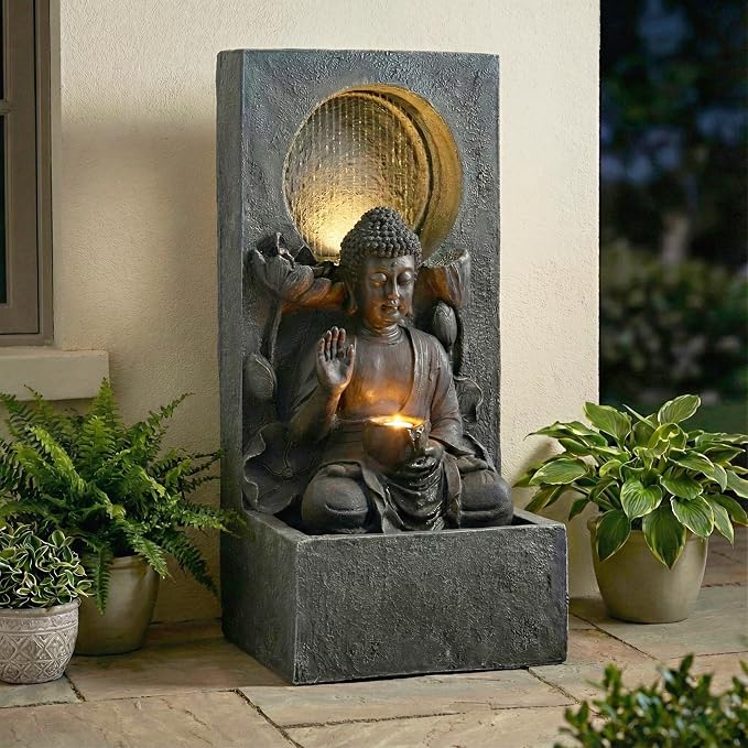 28" H Outdoor Buddha Waterfall Fountain, Freestanding Zen Style LED Water Feature with Relaxing Cascading Flow, Resin Asian Decor for Patio Garden Backyard Deck Home