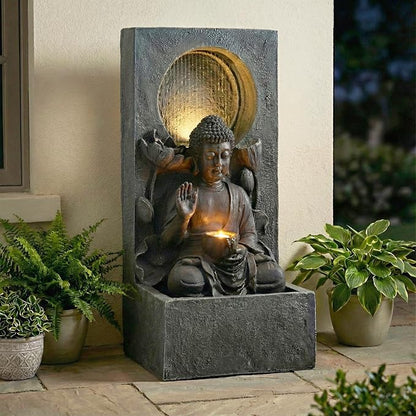 28" H Outdoor Buddha Waterfall Fountain, Freestanding Zen Style LED Water Feature with Relaxing Cascading Flow, Resin Asian Decor for Patio Garden Backyard Deck Home
