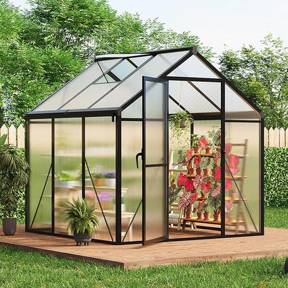 6x6 ft Walk-in Greenhouse, Polycarbonate Panels with Reinforced Aluminum Frame, Large Garden Green House for Planting and Seed Starting, Quick-Assembly Structure with Adjustable Roof Vent