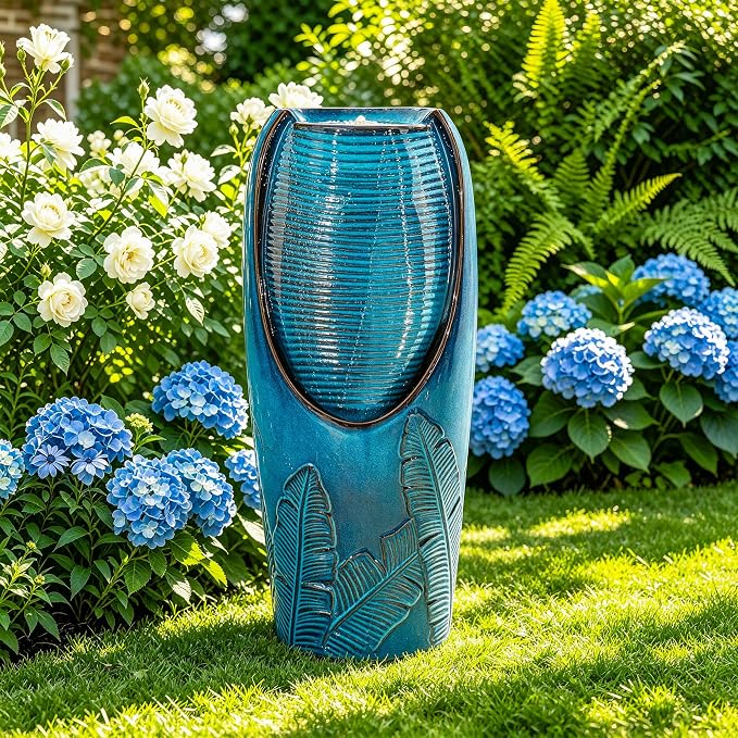 Autodaya 33" H Ceramic Jar Outdoor Water Fountain, Banana Leaf-Texture | Artisan High-Fired Glaze, Warm Ambient LED Lighting, Upgraded Pump, Soothing Cascading Water Feature For Garden Patio Yard