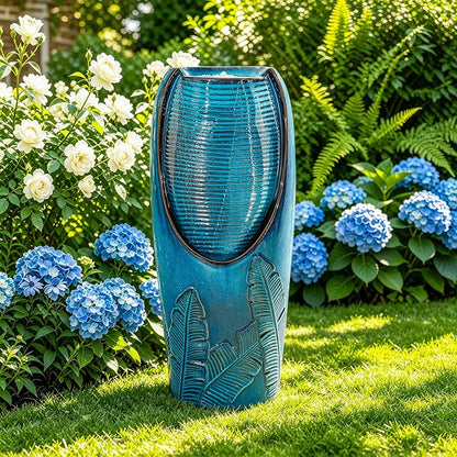 Autodaya 33" H Ceramic Jar Outdoor Water Fountain, Banana Leaf-Texture | Artisan High-Fired Glaze, Warm Ambient LED Lighting, Upgraded Pump, Soothing Cascading Water Feature For Garden Patio Yard