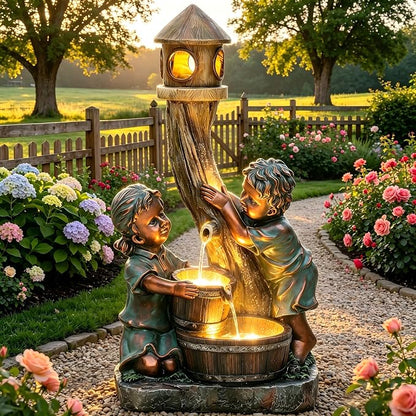 31" Boy and Girl Outdoor Fountain LED 3-Tier Waterfall, Faux Bronze | hand-painted antique bronze, Wood barrel and Pagoda design, patio garden,Yard and Porch