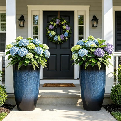 23.75" Cobalt Blue Plastic Tall Outdoor Planters with Drainage Holes | Set of 2 PP tall planters with cobalt gradient finish, drainage plugs, and UV-treated surface for porch, patio, or indoors