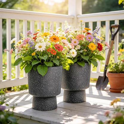 2-Pack 16.8" Black Terrazzo Pedestal Planters with Drainage Holes | Set of 2 PP pedestal planters with black terrazzo finish, drainage plugs, and weather-resistant surface for porch or patio
