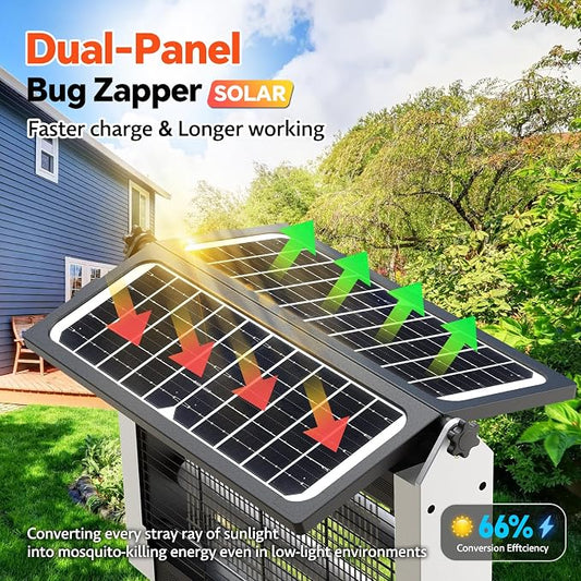 Solar Bug Zapper Outdoor, Dual Solar Panels, 4500V Waterproof Portable Mosquito Zappers, Cordless Fly Trap w/Auto Mode, Rechargeable Mosquitoes Insect Killer for Patio Yard Camping Garage(White)