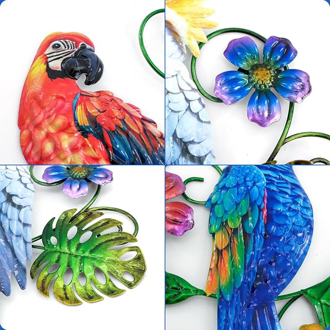 Metal Parrots Wall Decor Outdoor Hanging Sculptures Decor for Yard Garden | J-Fly Patio Garden Decoration Gifts Outdoor Bird Wall Decor-12 Inches Parrot Large Hanging Wall Decor 3 Pack