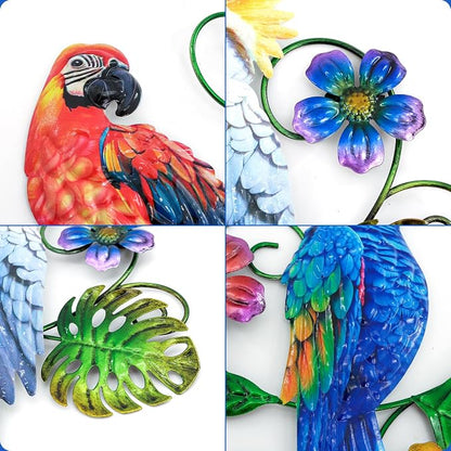 Metal Parrots Wall Decor Outdoor Hanging Sculptures Decor for Yard Garden | J-Fly Patio Garden Decoration Gifts Outdoor Bird Wall Decor-12 Inches Parrot Large Hanging Wall Decor 3 Pack
