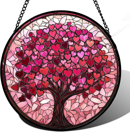 Stained Glass Window Hanging, Birthday Gifts for Women Mom Grandma Nana Wife Couple, Pink Love Tree Suncatcher for Doors Window Home Sun Catchers Gifts Decor 14.9 in