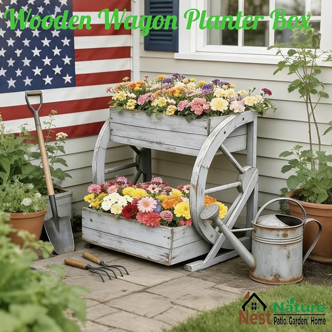 NestNature Wooden Wagon Planter Box|Rustic Planter Use On Indoor&Outdoor | 2-Tier Medium Solid Wood Planter-Flower Pot Use On Patio,Porch,Garden-Raised Garden Bed For Succulents, Herbs, Vegetables