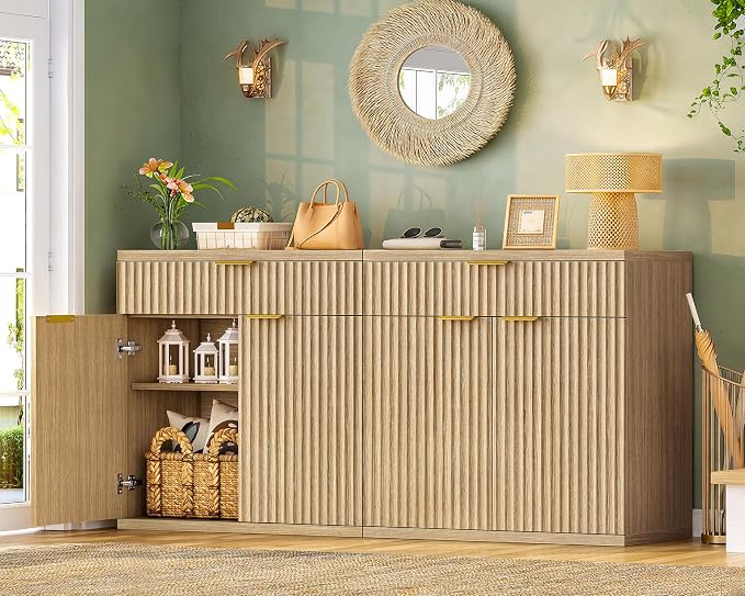 TEENFON Fluted Buffet Cabinet with Storage, 63" Sideboard Cabinet, Coffee Bar Cabinet with 2 Doors and Adjustable Shelf for Living Room, Kitchen, Entryway, Natural