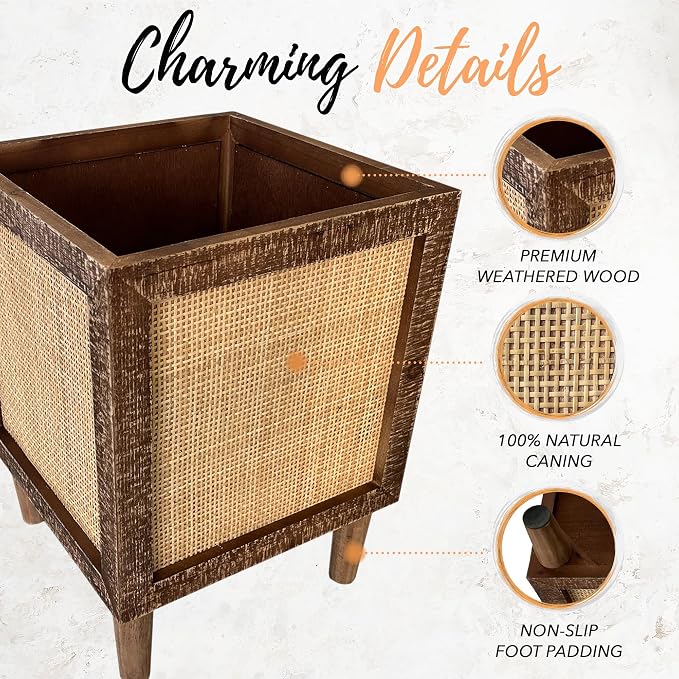 Autumn Alley Rustic Boho Large Indoor Planter - Rattan Planter Boxes Outdoor Set of 2 – Wooden Indoor or Outdoor Plant Box Stands – Decorative Square Woven Rattan Flower Pots for Home & Office